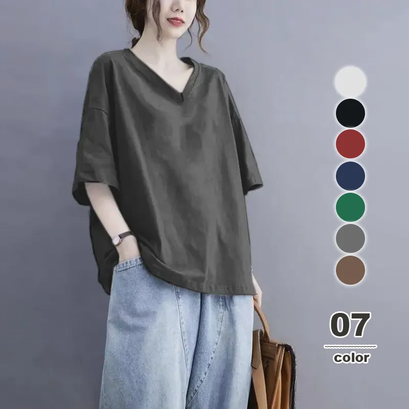 復古純棉V領慵懶風設計感小眾寬鬆短袖t恤