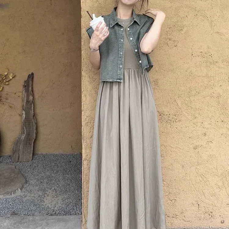 【單件/整套】港式正肩短款牛仔外套顯瘦洋裝時尚套裝