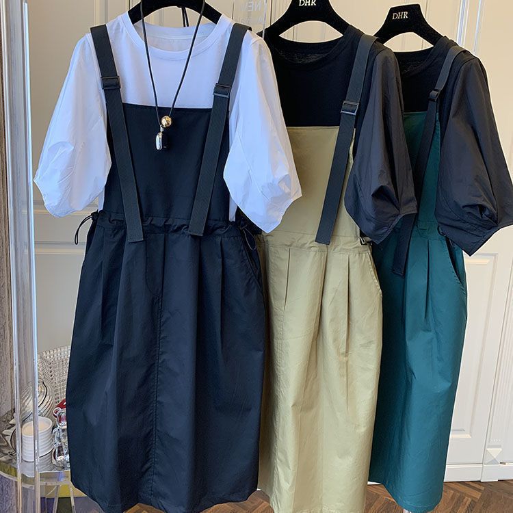 【整套/單件】背帶寬鬆韓版顯瘦長款收腰泡泡袖洋裝