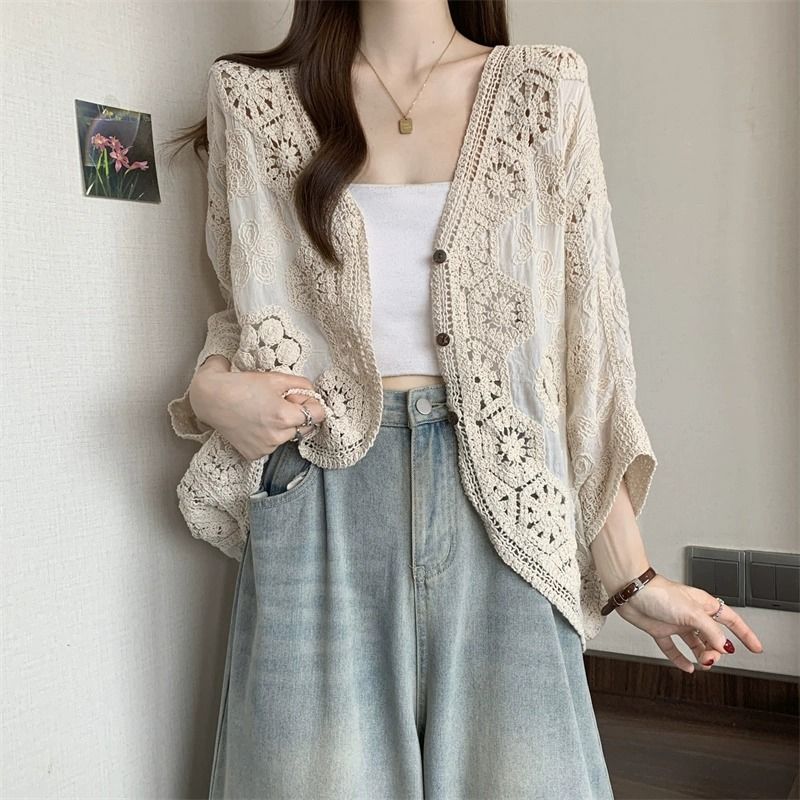 波西米亞風鉤花鏤空V領大碼胖外搭防曬開衫