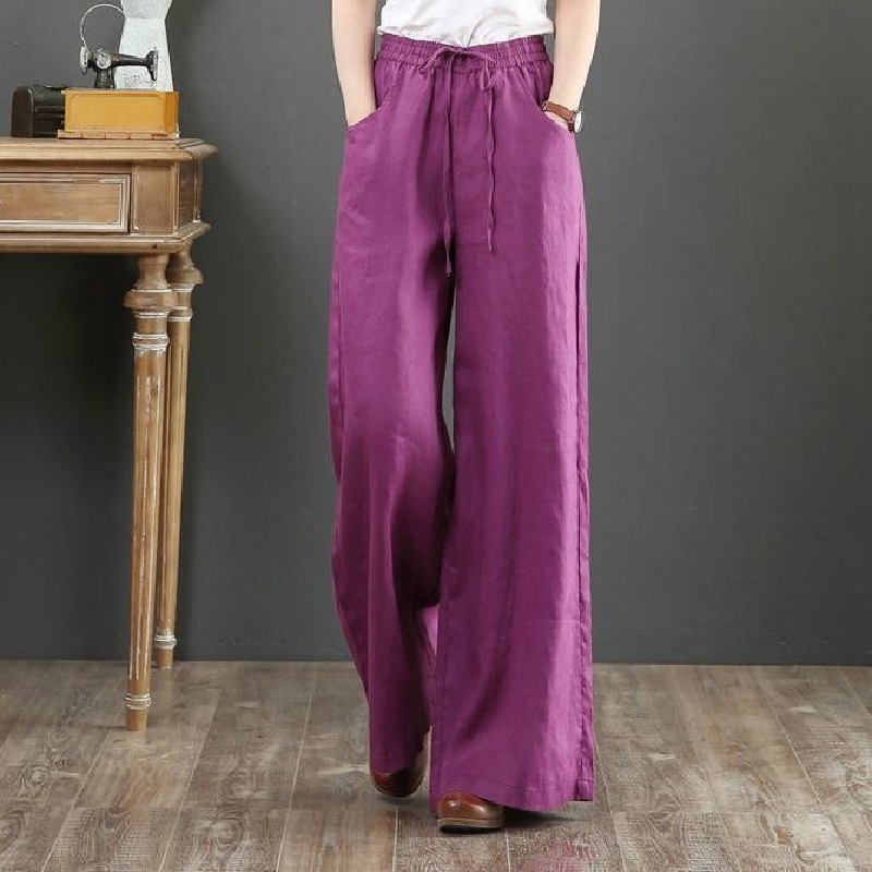 復古文藝棉麻寬鬆大碼闊腿高腰拖地長褲