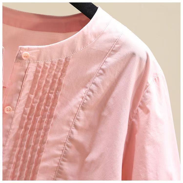 時尚設計感褶皺圓領七分袖休閒百搭襯衫