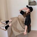 卡其背帶洋裝+黑色花苞袖(兩件套)