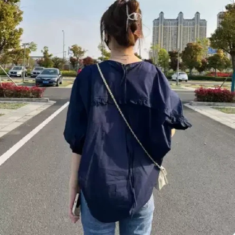 時尚設計感小眾寬松泡泡袖短袖碎花襯衫