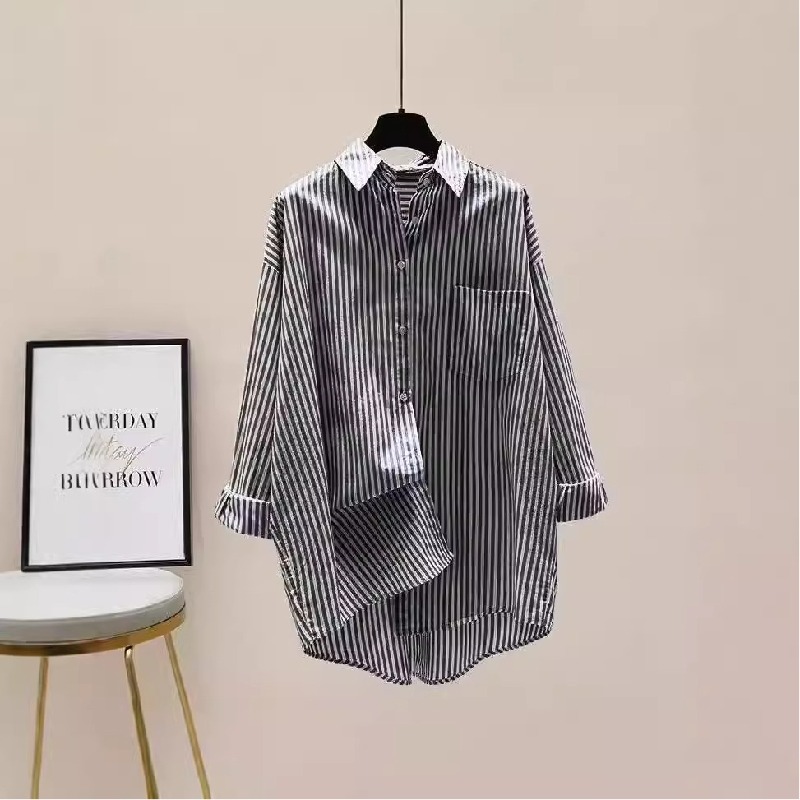 韓系文藝寬鬆簡約條紋印花長袖中長款開衫