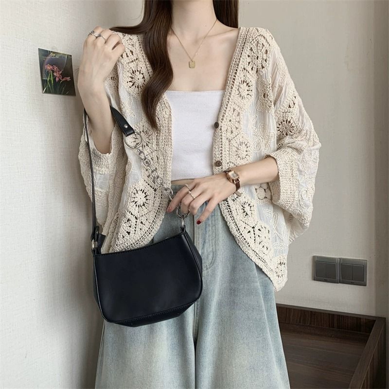 波西米亞風鉤花鏤空V領大碼胖外搭防曬開衫