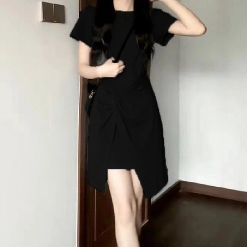 法式氣質收腰短袖連身裙小眾設計圓領短裙