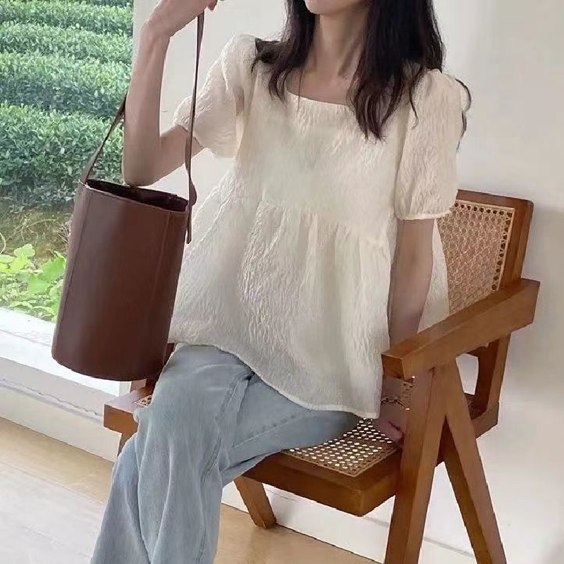 法式肌理感方領泡泡袖遮肉寬鬆短袖上衣