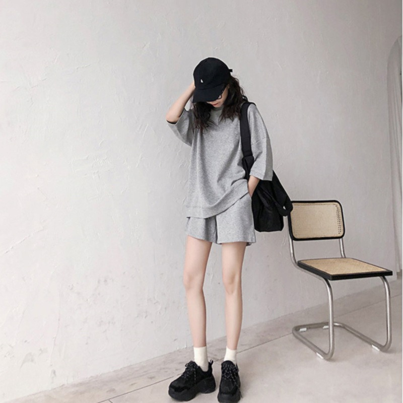 【整套】時尚套裝短袖T恤女休閒兩件套高腰大碼短褲