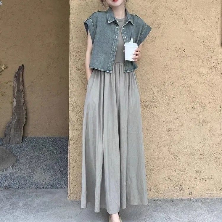 【單件/整套】港式正肩短款牛仔外套顯瘦洋裝時尚套裝