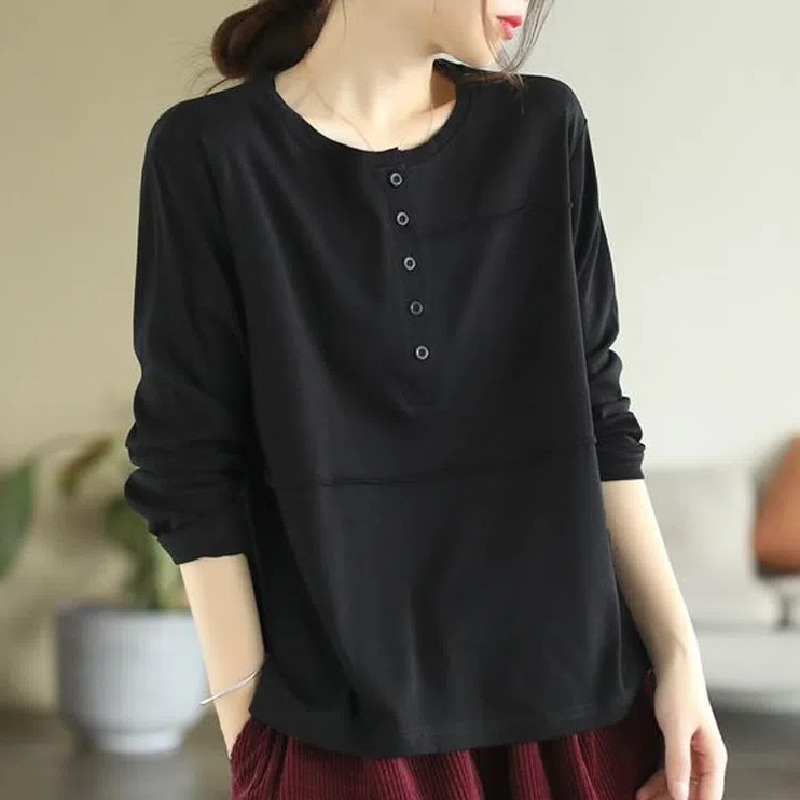 圓領簡約休閒顯瘦拼接紐扣打底長袖t恤