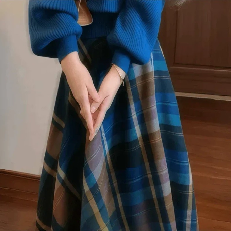【整套/單件】克萊因藍色針織衫搭季格紋連衣半身裙套裝