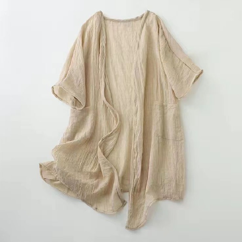 純色透氣防曬中長款輕薄棉麻開衫