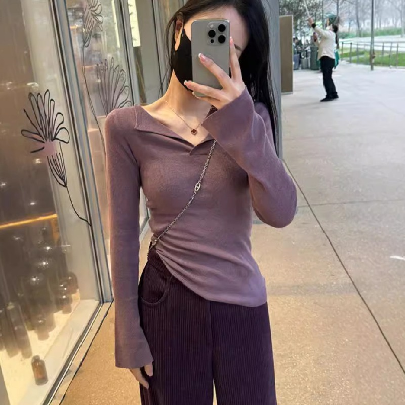 純色修身顯瘦减齡V領針織打底衫