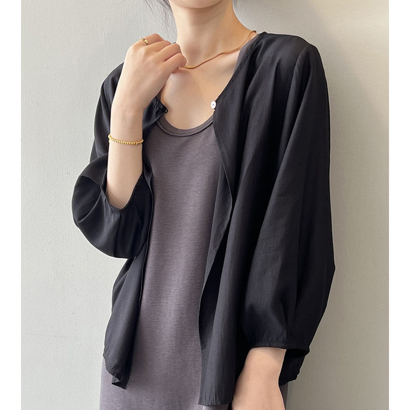 韓系寬鬆休閒百搭薄款圓領七分袖防曬開衫