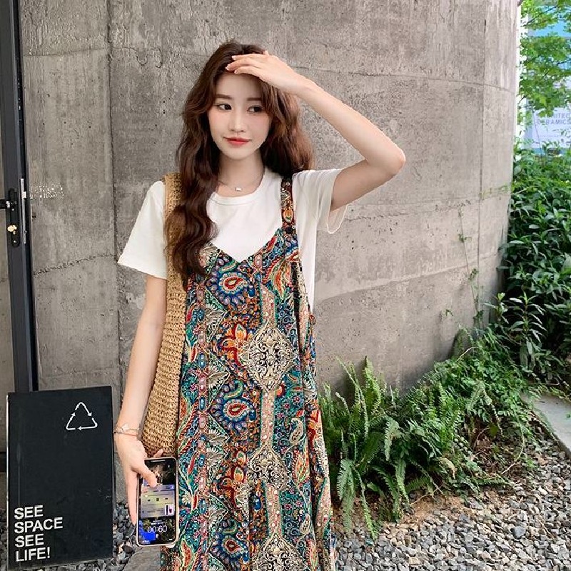 【單件/整套】法式復古波西米亞風純色短袖寬鬆闊腿背帶褲套裝