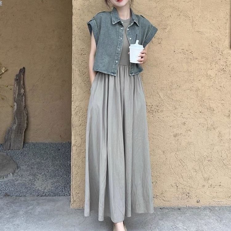 【單件/整套】港式正肩短款牛仔外套顯瘦洋裝時尚套裝