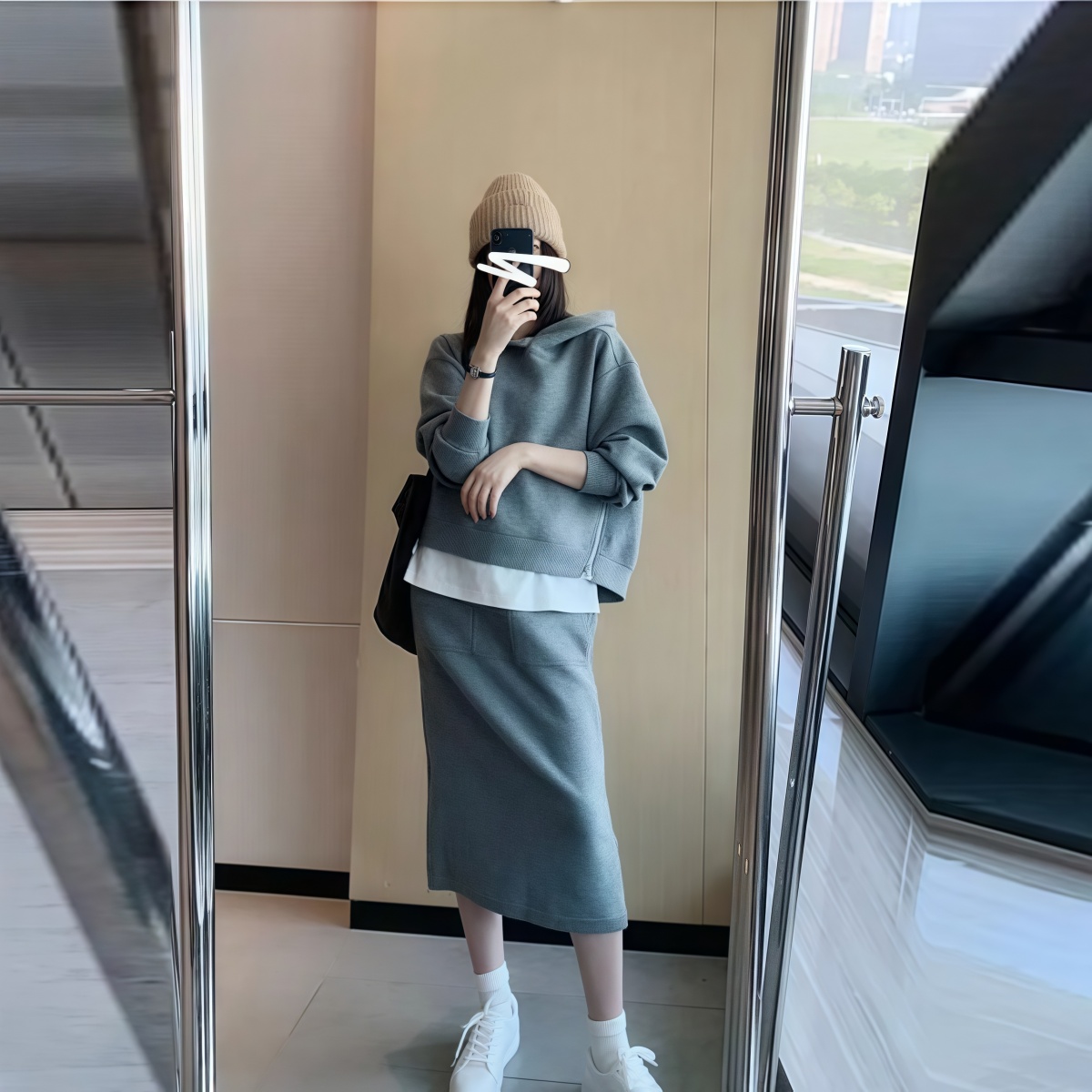 【整套】大尺碼時尚休閒運動風 時尚寬鬆拉鍊設計連帽上衣+半身裙套裝