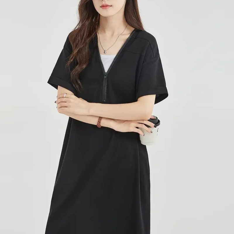 復古赫本拉鍊長款百搭V領寬鬆顯瘦遮肚洋裝