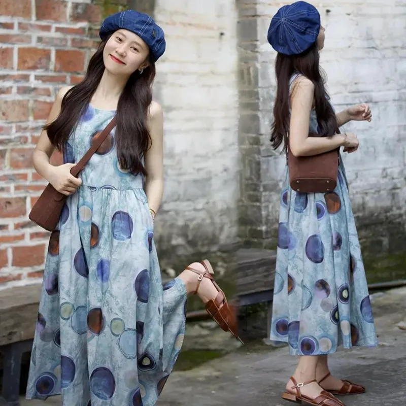 法式印花圈圈無袖復古設計感收腰中長款洋裝