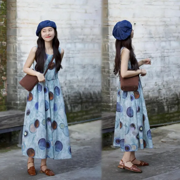 法式印花圈圈無袖復古設計感收腰中長款洋裝