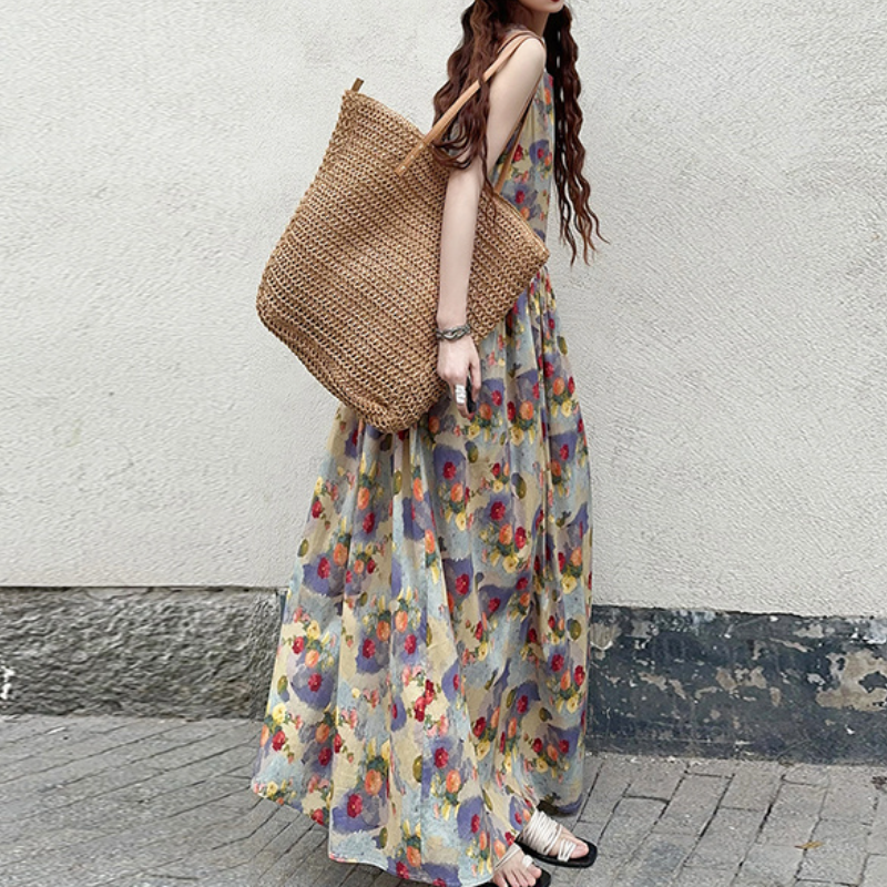 油畫風復古印花背心清新減齡韓系A字甜美洋裝