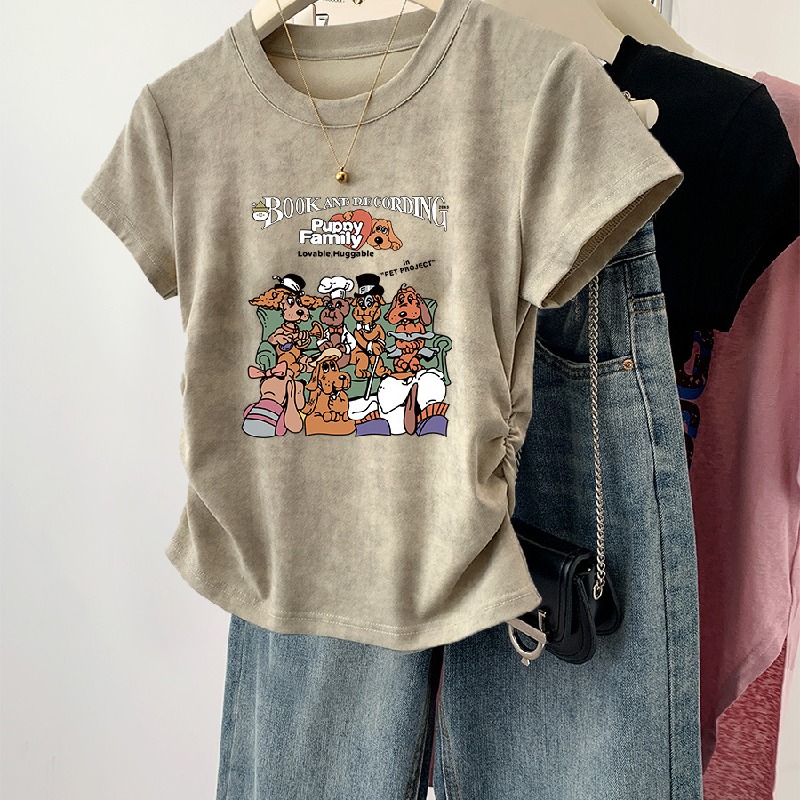 美式甜辣妹正肩印花收腰顯瘦短袖T恤