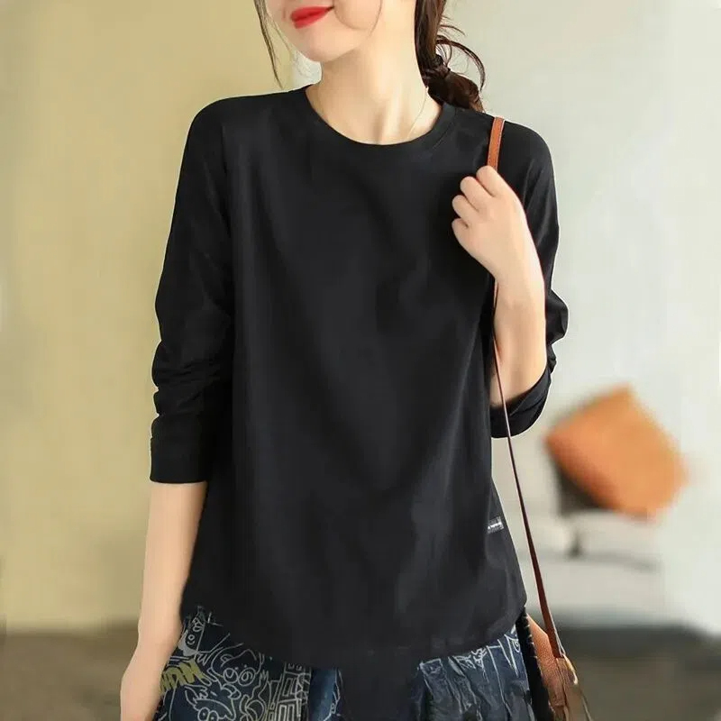 氣質簡約純色打底圓領百搭長袖T恤