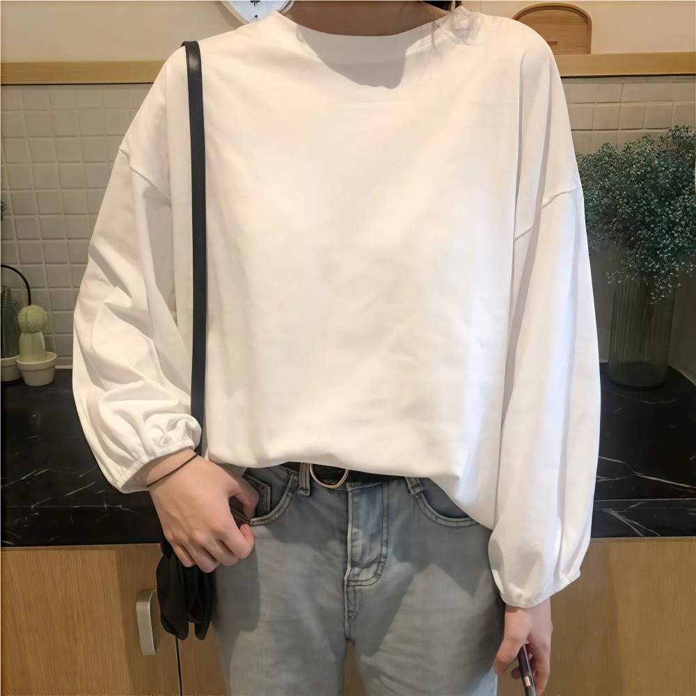 簡約寬鬆百搭燈籠袖純色長袖T恤