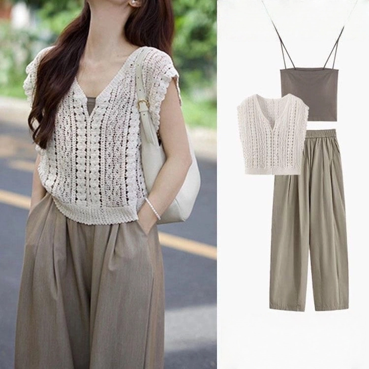【單件/整套】休閒慵懶鏤空針織背心馬甲闊腿褲套裝