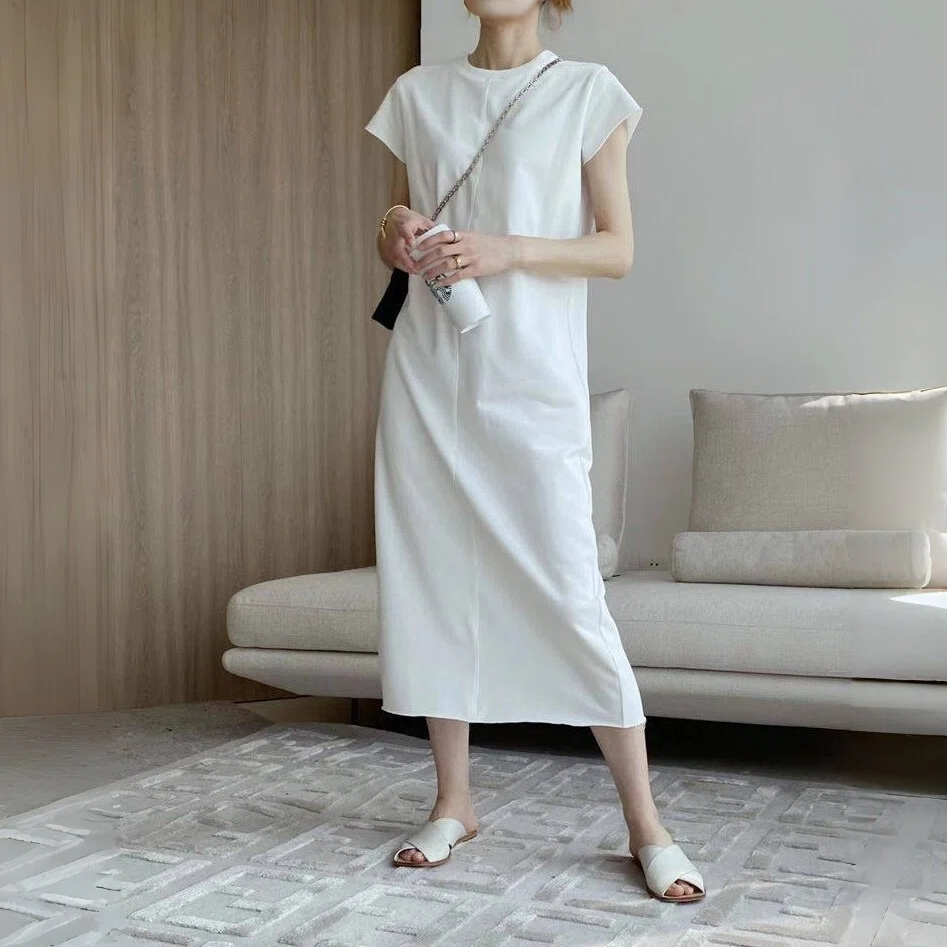 時尚簡約白色小眾設計感短袖純棉直筒洋裝