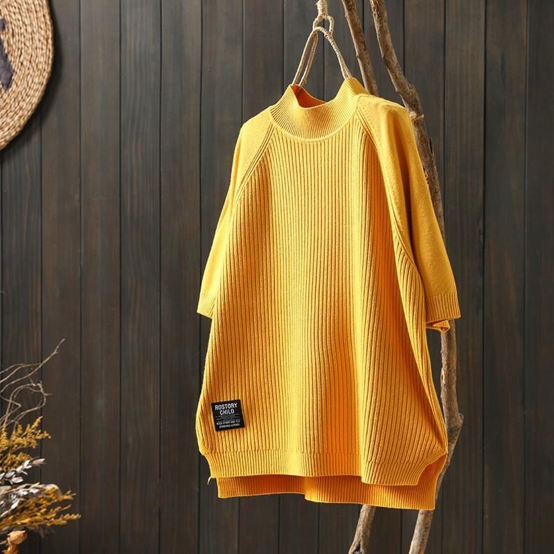 純色半高領五分袖寬鬆顯瘦字母貼標打底針織衫