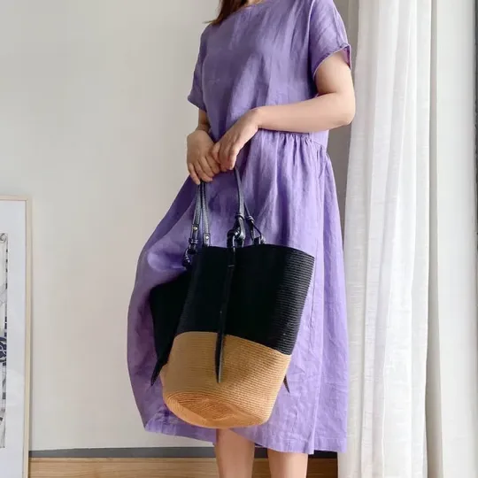 氣質文藝簡約寬鬆顯瘦純色中長洋裝