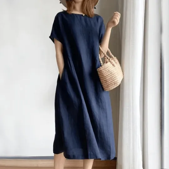 氣質文藝簡約寬鬆顯瘦純色中長洋裝