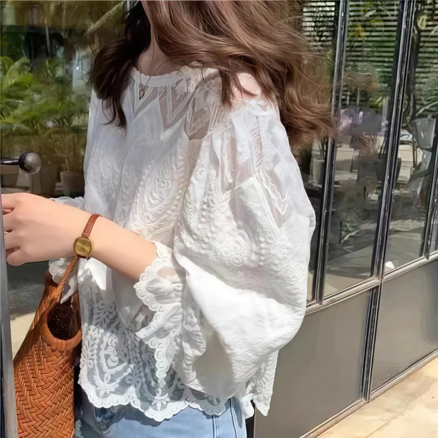 甜美氣質簡約小香風鏤空蕾絲長袖襯衫