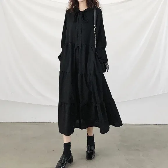法式桔梗寬鬆氣質復古小黑溫柔風雪紡洋裝