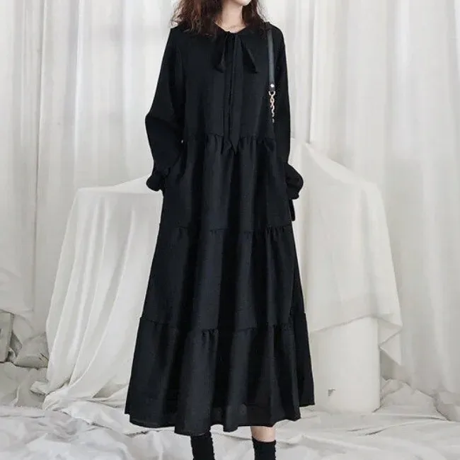 法式桔梗寬鬆氣質復古小黑溫柔風雪紡洋裝