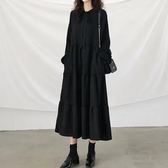 法式桔梗寬鬆氣質復古小黑溫柔風雪紡洋裝