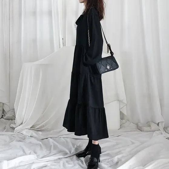 法式桔梗寬鬆氣質復古小黑溫柔風雪紡洋裝