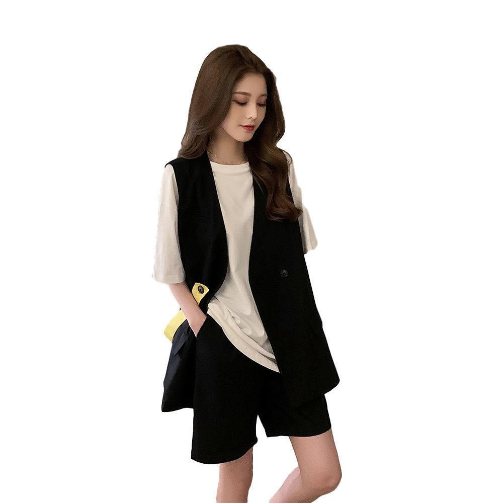 【單件/整套】洋氣復古馬甲短袖T恤短褲超仙小清新時尚西裝套裝