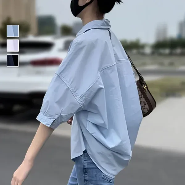日系艺文通勤百搭薄款防曬寬鬆顯瘦休閒中袖襯衫
