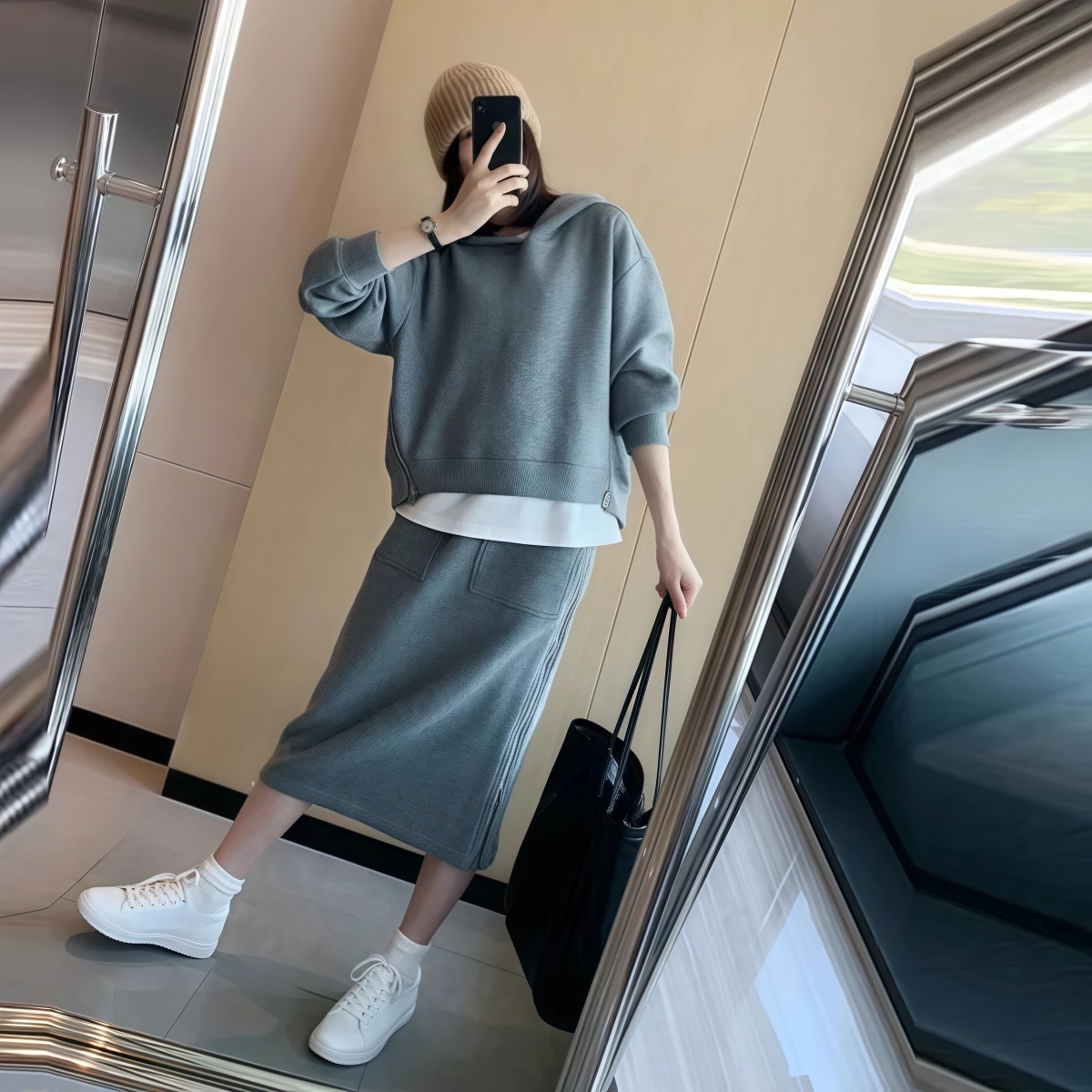 【整套】大尺碼時尚休閒運動風 時尚寬鬆拉鍊設計連帽上衣+半身裙套裝