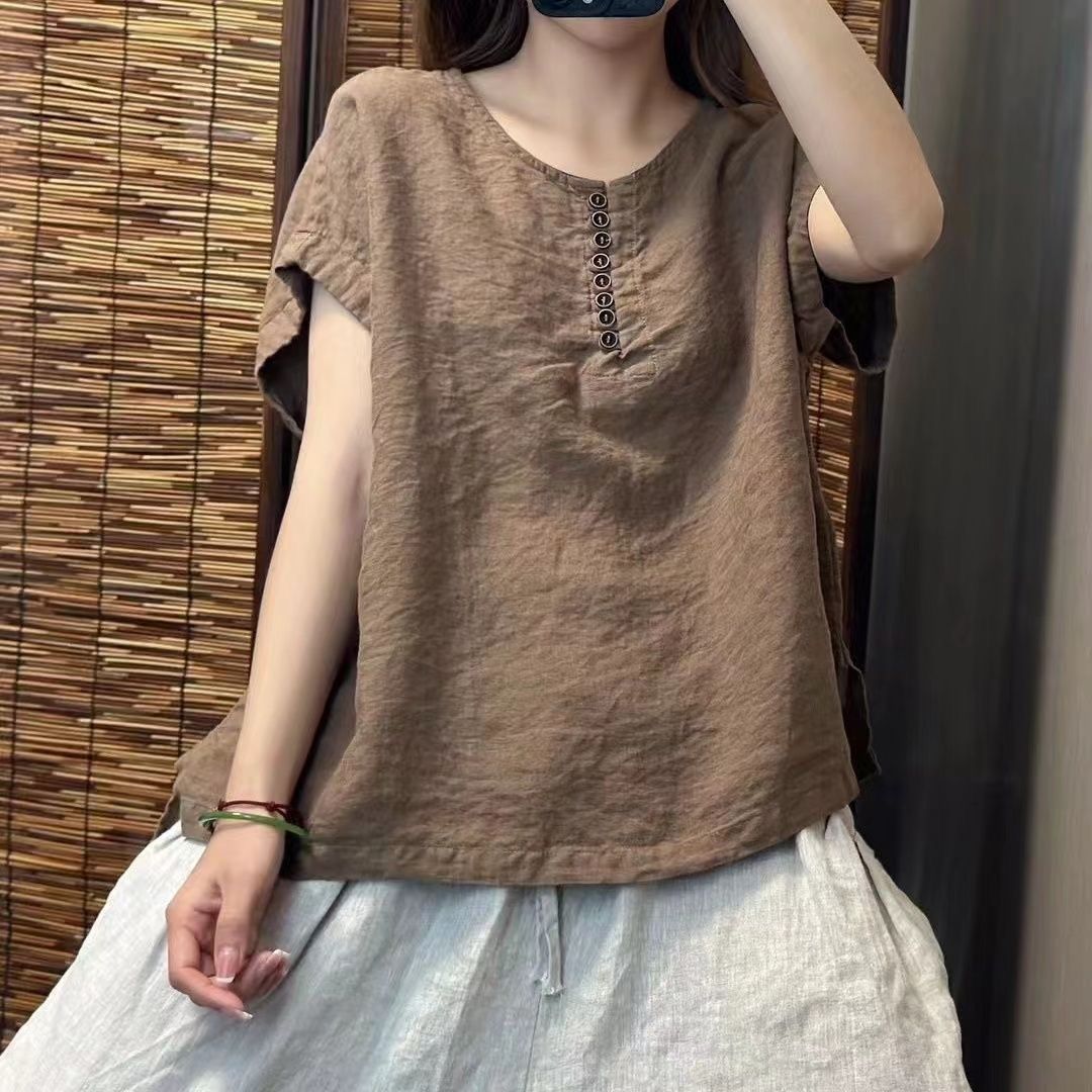 復古休閒簡約寬鬆純色棉麻圓領紐扣短袖T恤