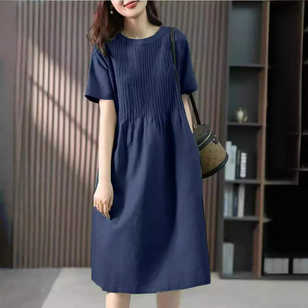 棉麻短袖寬鬆休閒遮肚A字洋裝