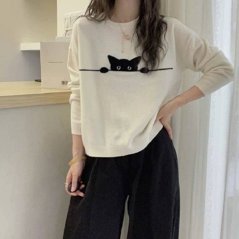 簡約卡通猫咪提花圓領寬鬆顯瘦百搭針織衫