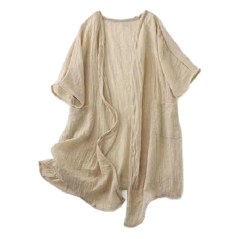 純色透氣防曬中長款輕薄棉麻開衫