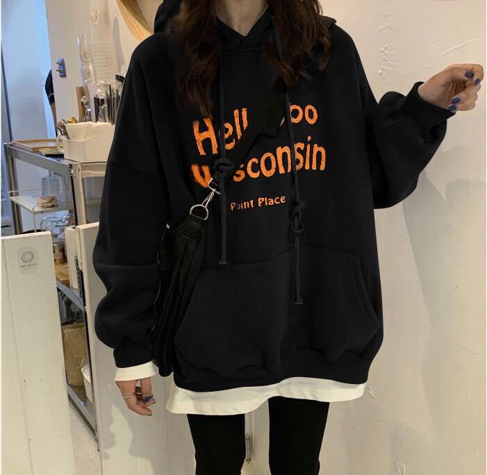 韓系秋冬加絨加厚舒適學生寬鬆慵懶風連帽衫