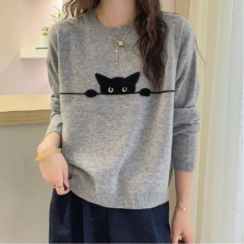 簡約卡通猫咪提花圓領寬鬆顯瘦百搭針織衫