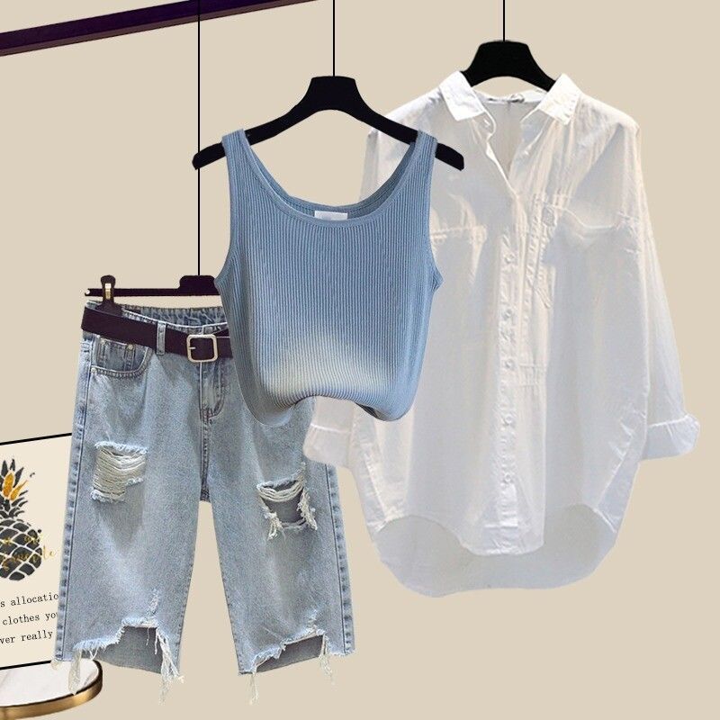 【單件/整套】寬鬆襯衫背心破洞牛仔短褲三件套