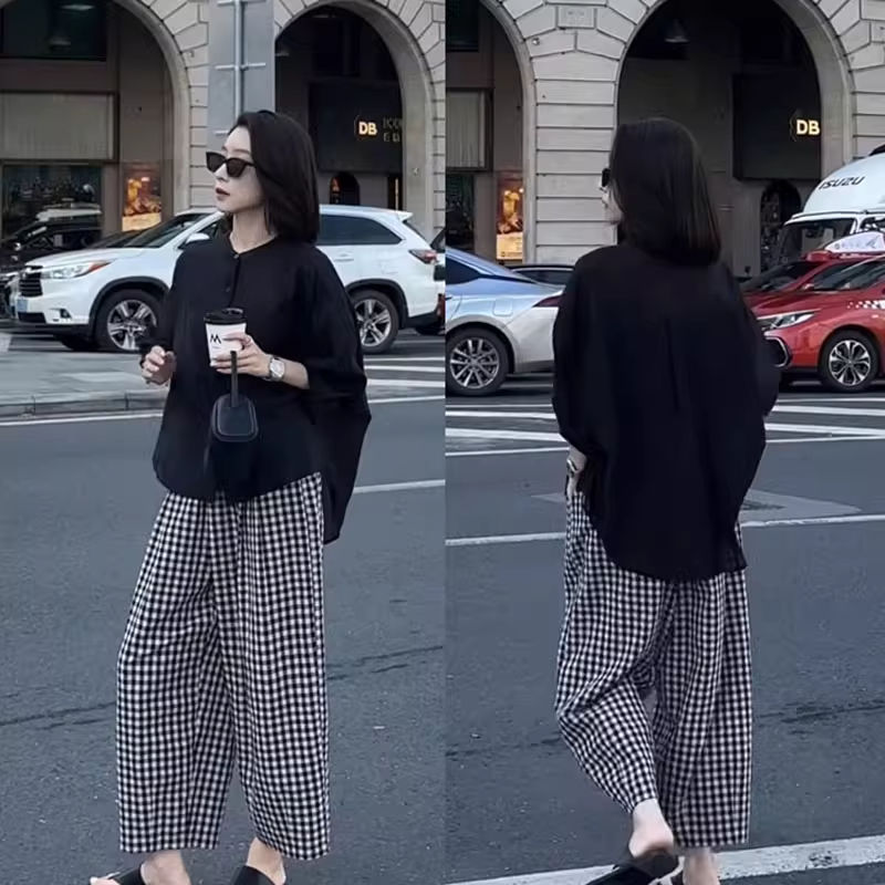 【單件/整套】純色寬鬆顯瘦减齡襯衫搭配格子闊腿褲套裝